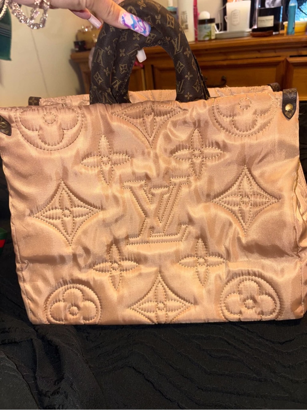 Beige Quilted Monogram Tote